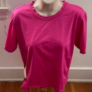 MO&CO hot pink side tie embroidery “Off Duty” 100% cotton top, size M crewneck